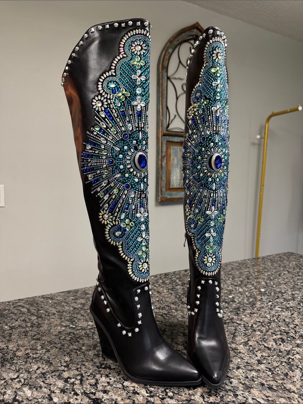 Azalea Wang Over-the-Knee Boots Blue Peacock design and Stud Details NEW 6 - Picture 12 of 17